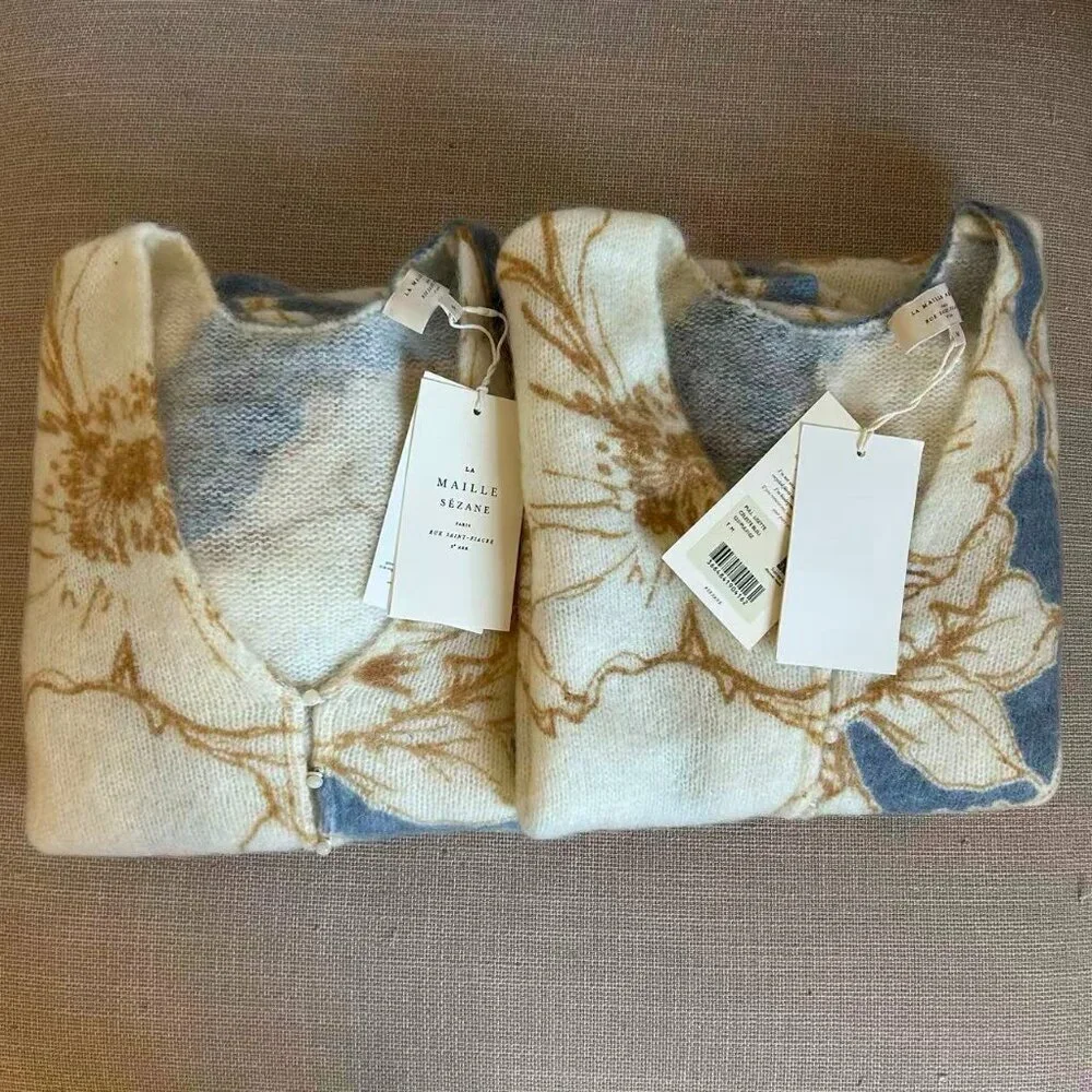 BEST Sezane Lisette Jumper XS/M Celeste Blue Floral Cardigan French Knit Sweater - Picture 5 of 8